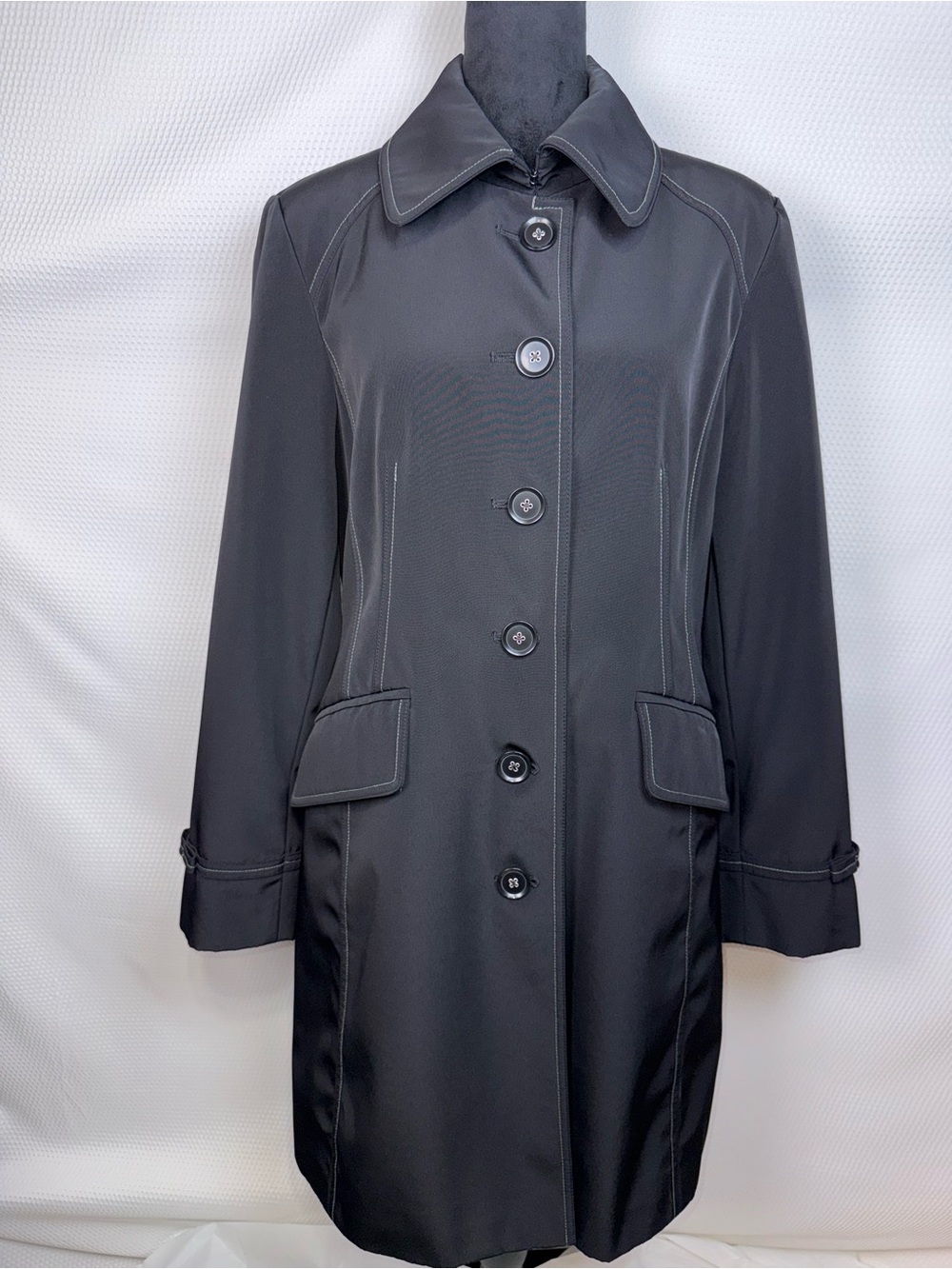Anne Klein Black Trench Coat Button Sz Medium Mid Length Fully Lined
